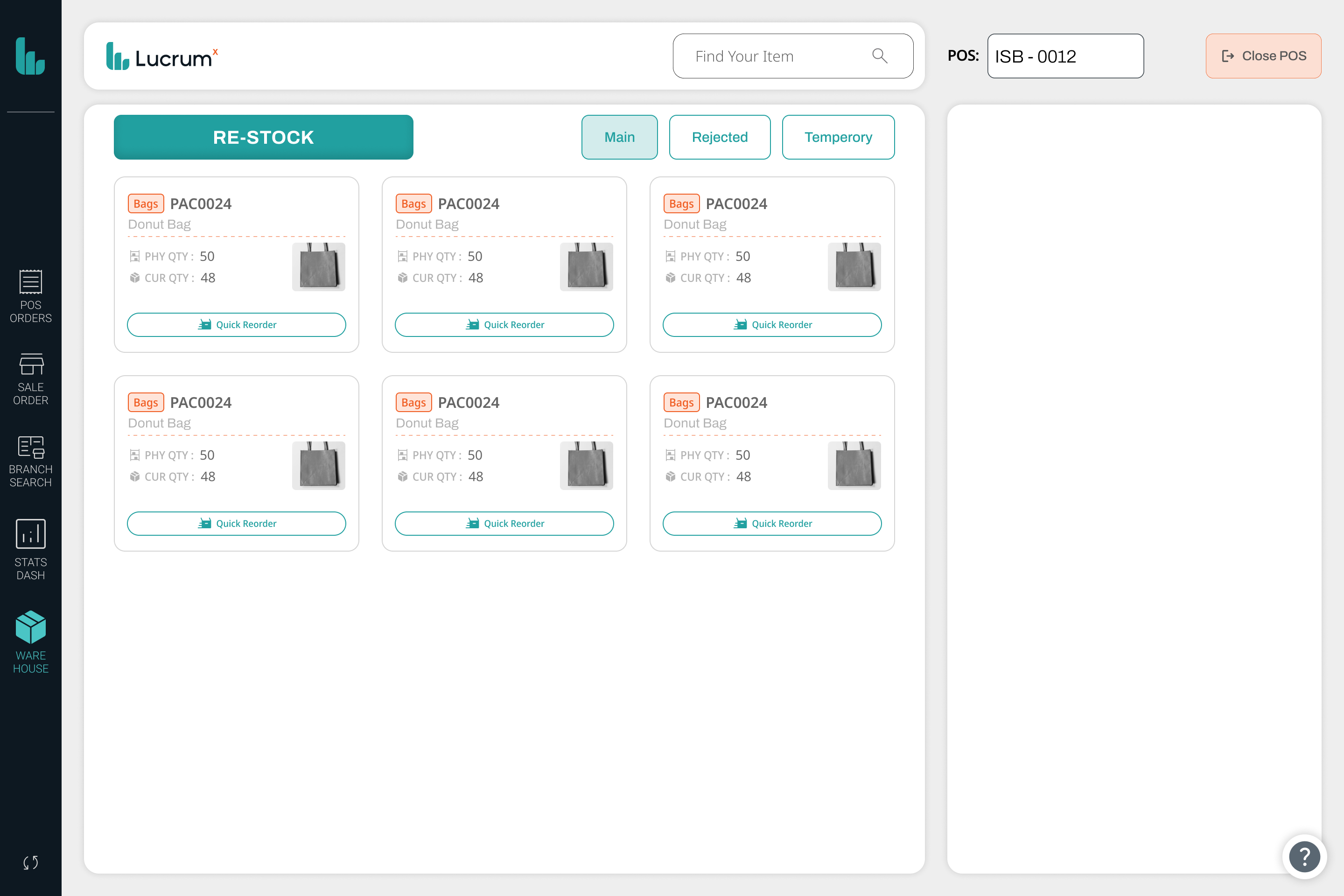 Lucrum POS warehouse re-stock view with main, rejected and temporary tabs, stock cards comparing physical quantity against current quantity, and a quick reorder action on each